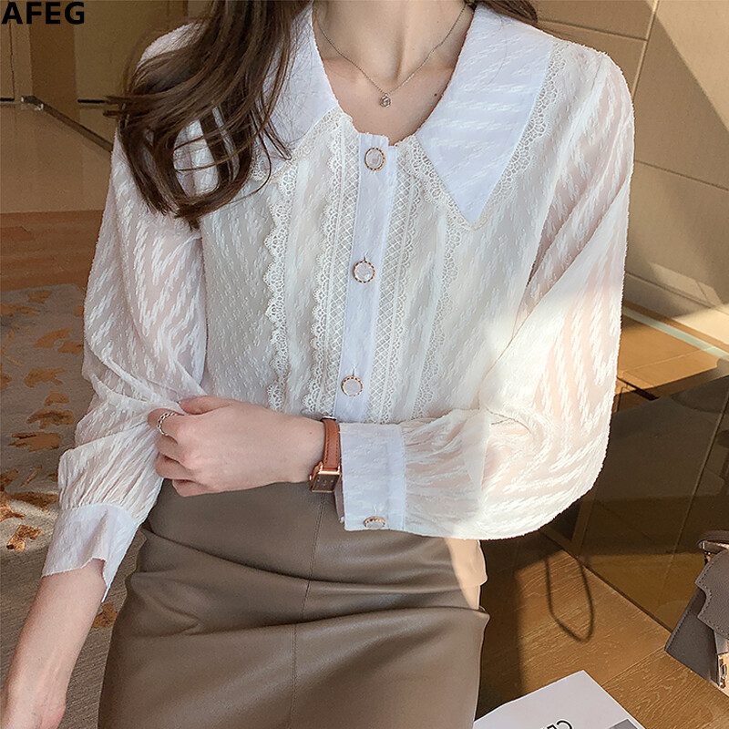 AFEG new Korean style doll collar fashion all-match chiffon long-sleeved blouse for women