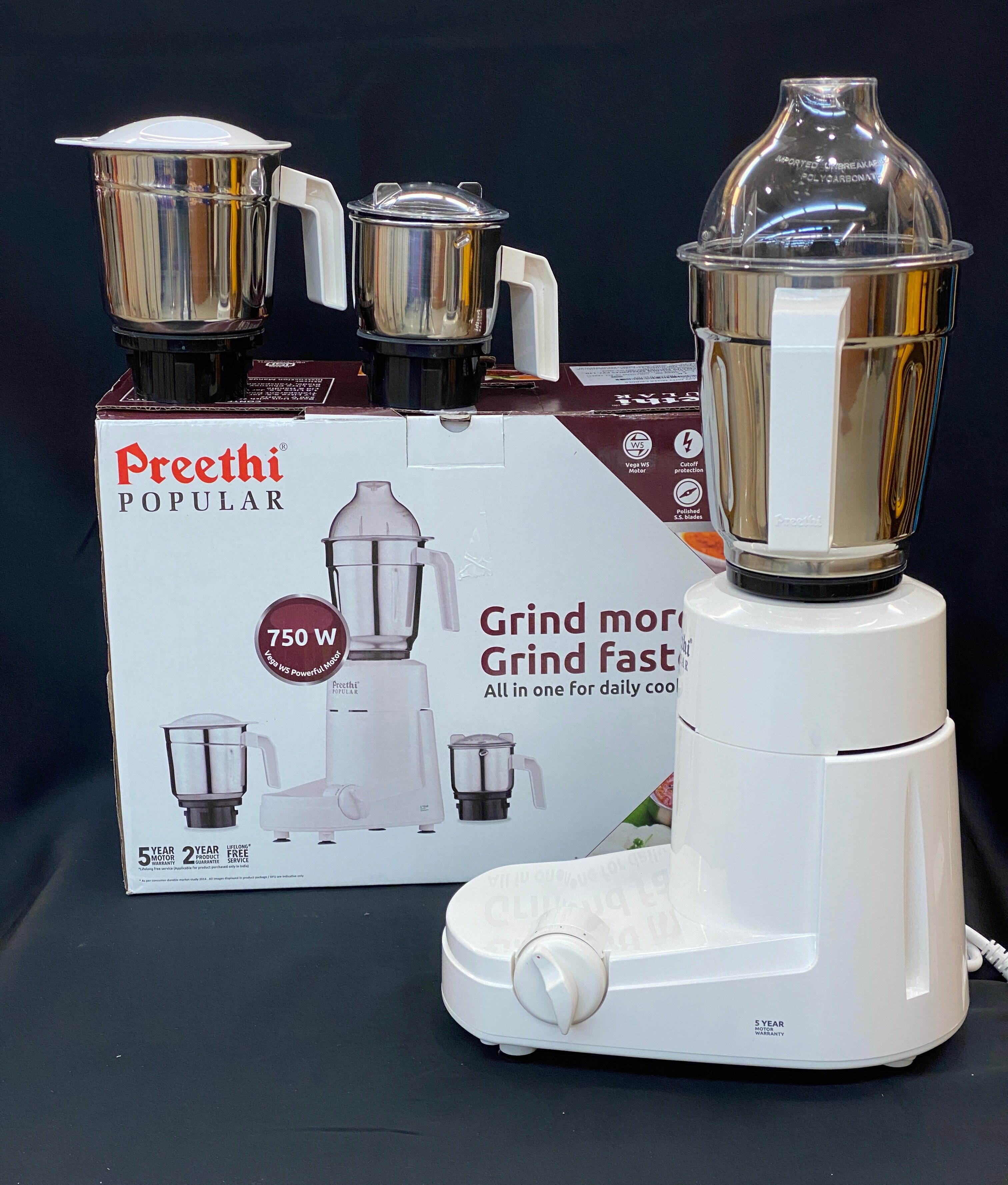 Preethi Popular Mixer 750W (3 Stainless Steel Jar, 1.7Ltr, 1.0Ltr & 0