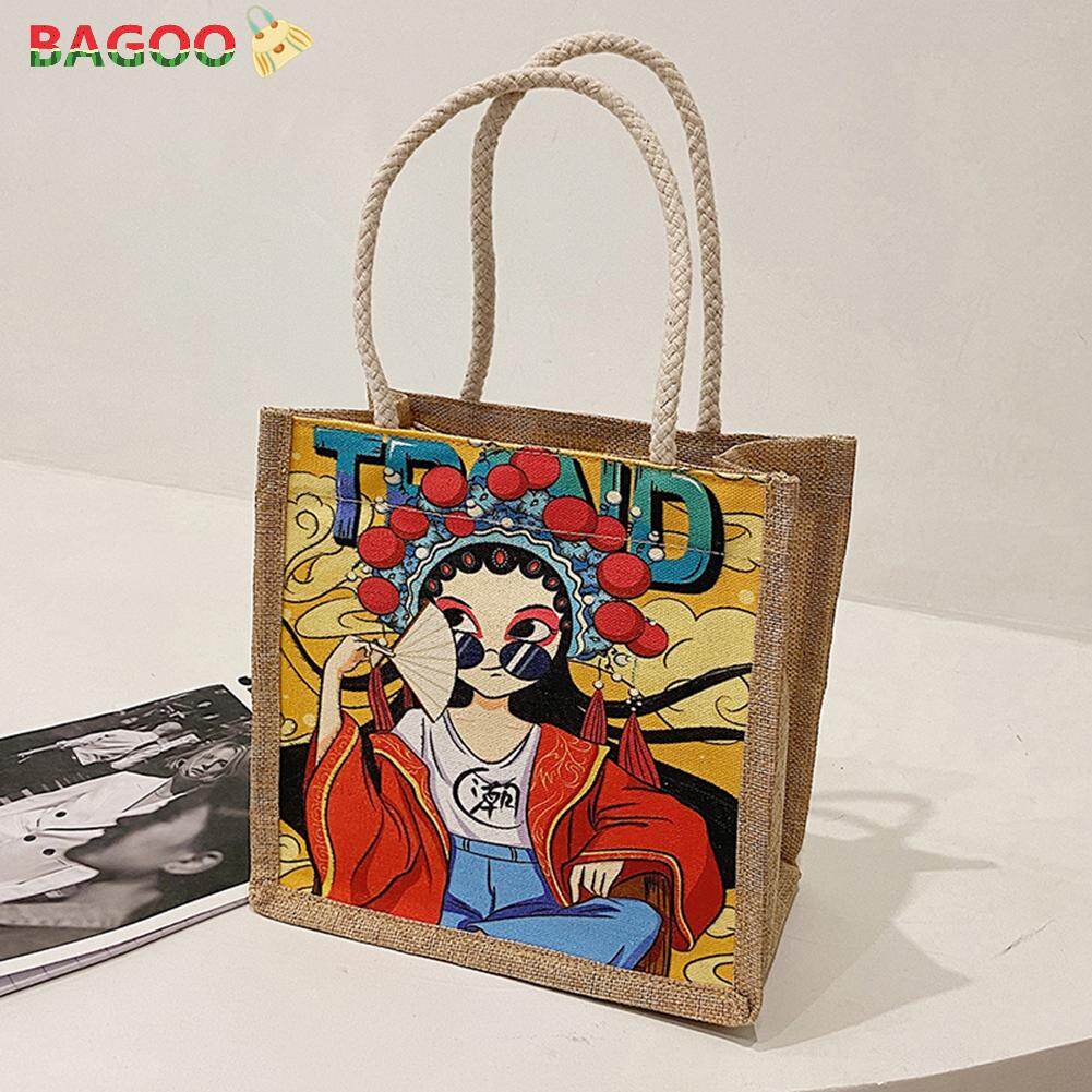BAGOO Cute Chinese Peking opera actor Printed Shoulder Top-handle Bag Women Casual Canvas Handbag Large Capacity Shopping Street Tote Bag Trendy Design