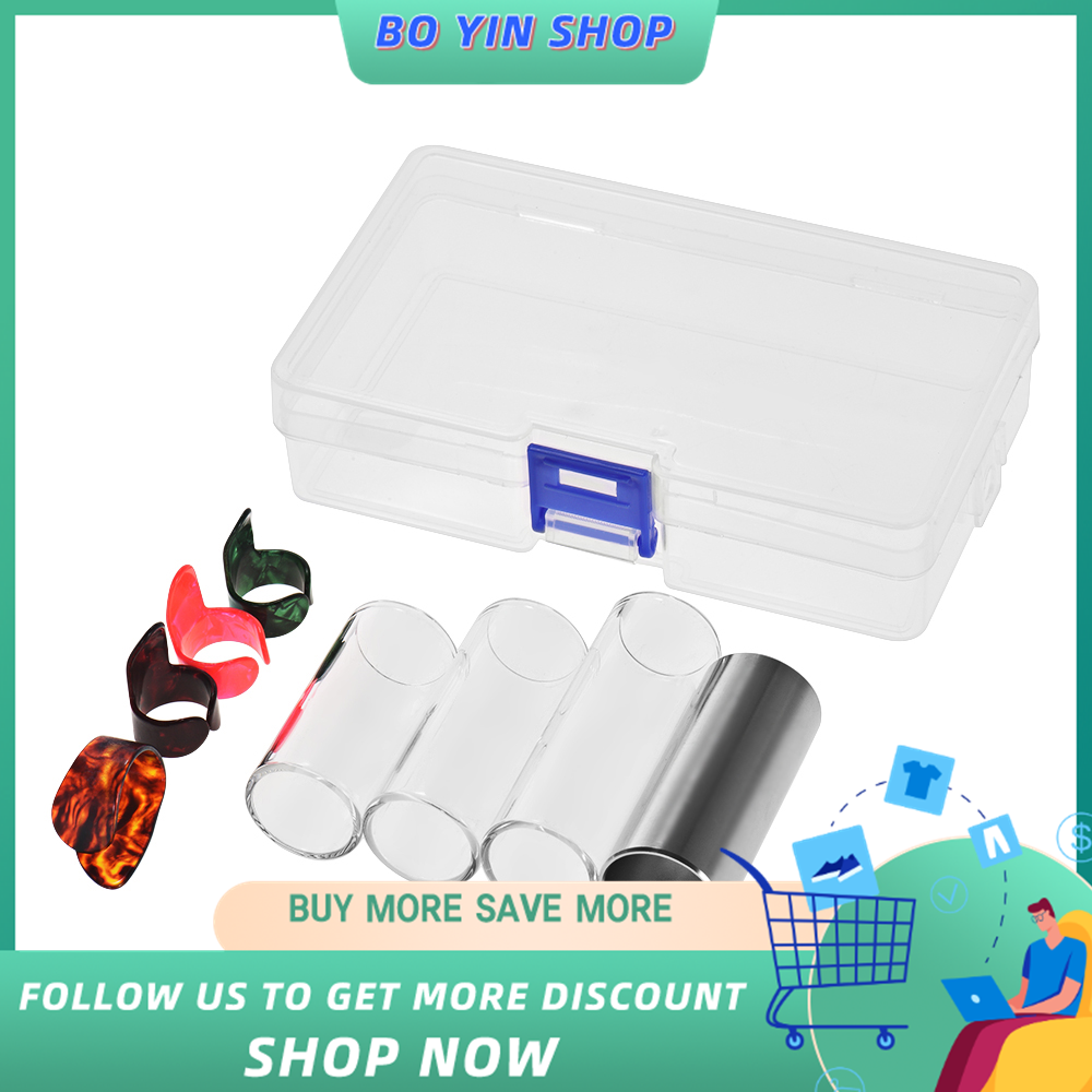 Guitar Slides Set Includes 3 Glass Slides + 1 Stainless Steel Slide + 4pcs Celluloid Thumb & Finger Picks with Plastic Storage Box