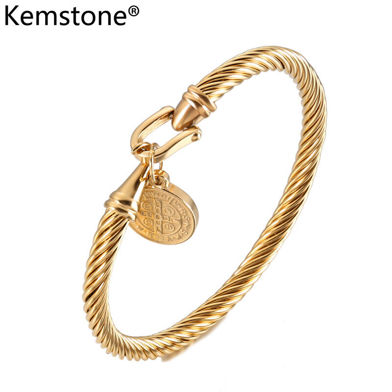 Kemstone Jesus Saint Benedict Black Gold Silver Plated Bangle Stainless Steel Wire Bracelet for Men Women