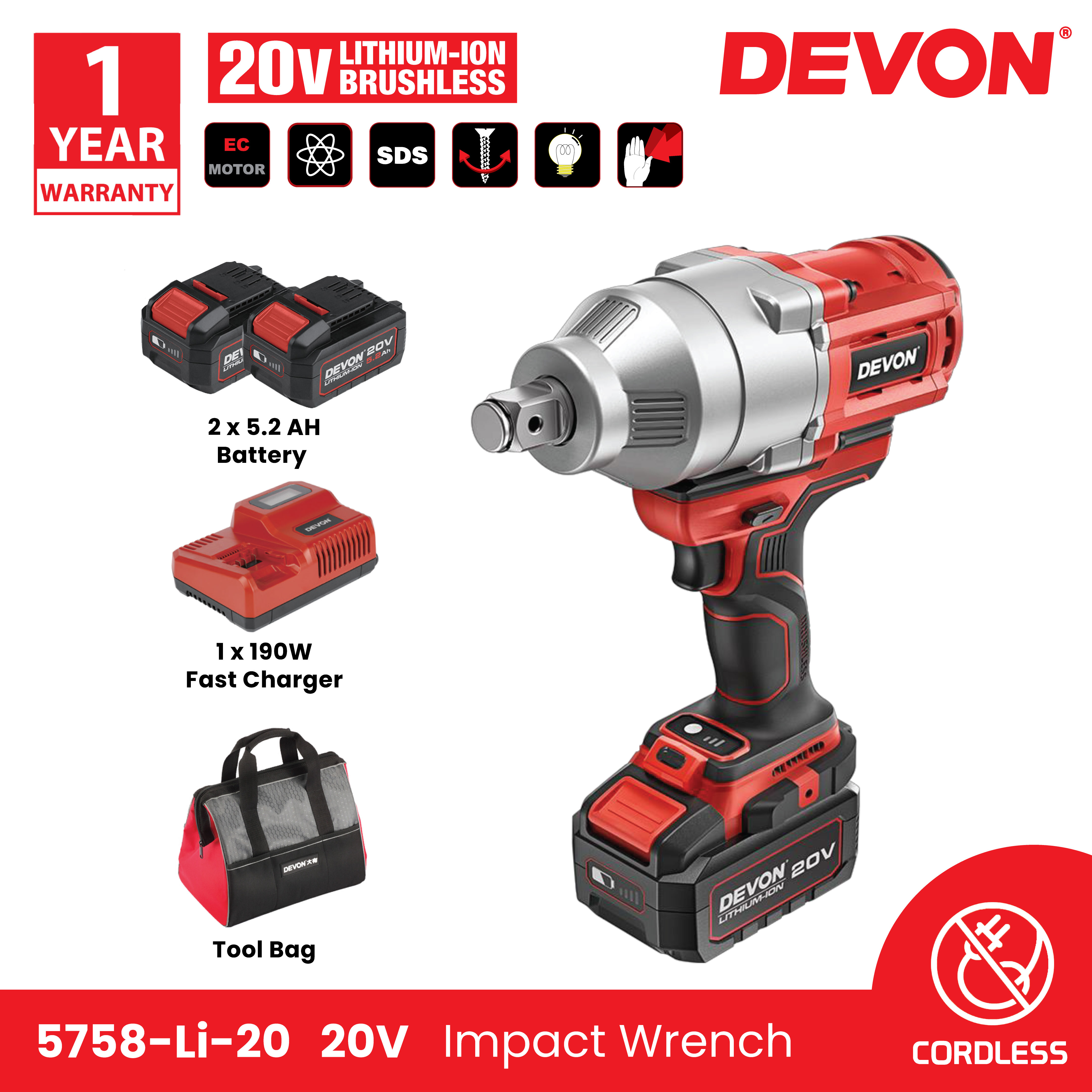 DEVON 5758Li20 20V LithiumIon Brushless Cordless Impact Wrench 1900N