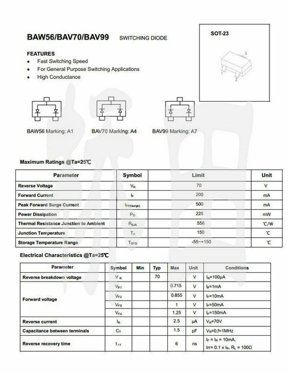 100PCS BAW56 A1 0.2A/70V SOT-23สวิทช์ SMD ทรานซิสเตอร์ - JTDZ - ThaiPick