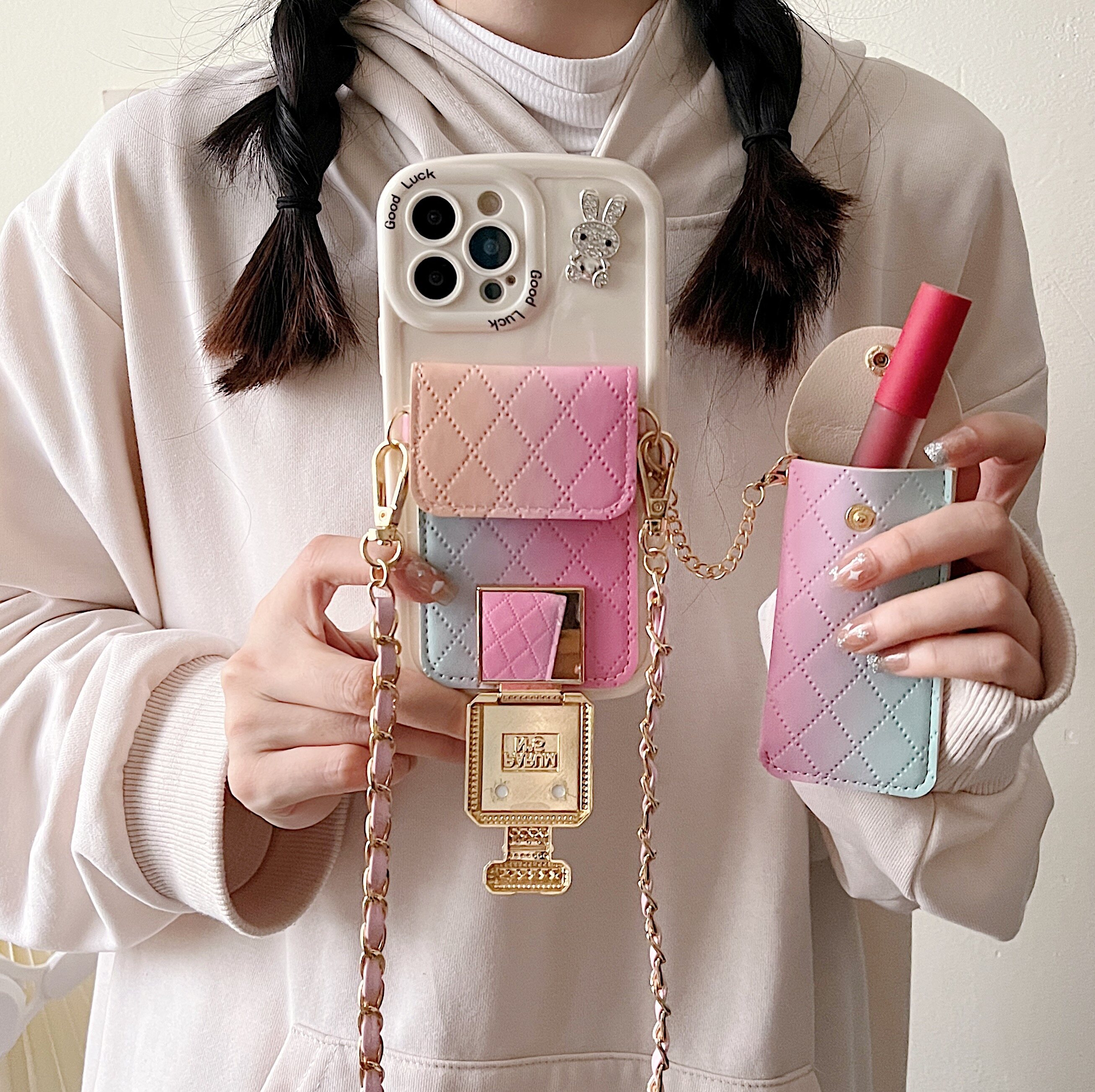 Perfume Design Mirror Wallet Card Slots Phone Case Lanyard Strap Shoulder Crossbody leather Silicone Case Cover For Apple iphone 14 Pro Max iphone 13 pro iphone 12 Pro Max iphone 14 plus iphone 11 Pro Max iphone 11 Case iphone X XS MAX Case iphone Case