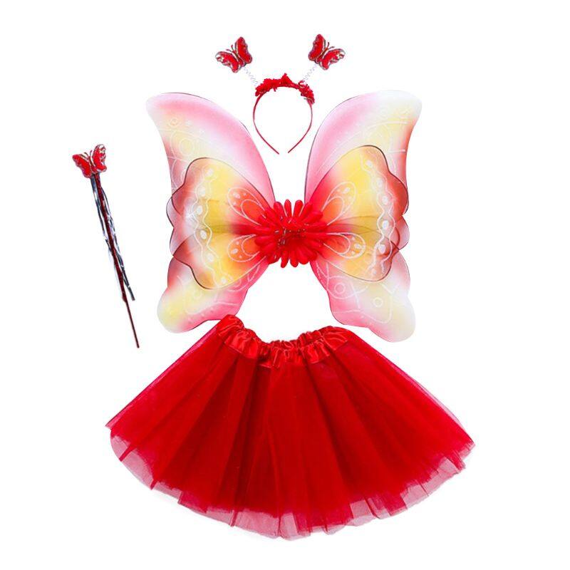 4Pcs Girls Fairy Costume Set Rainbow Butterfly Wings Three Layers Tulle Tutu Skirt Wand Headband Princess Halloween Party 3-8T