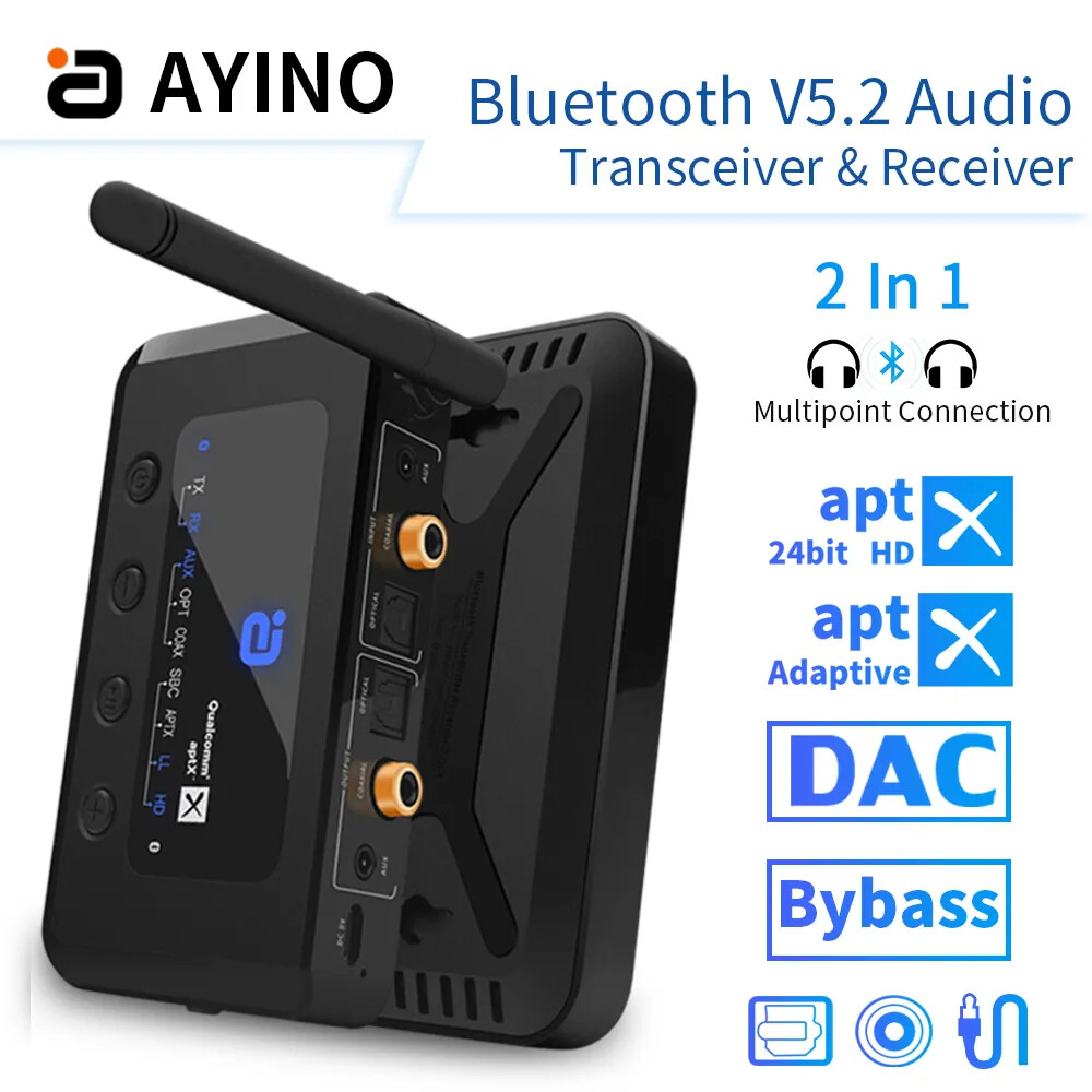Aptx Adaptive Bluetooth 5.2 Audio Transmitter Receiver Dual Mode Optical, Coaxial, Aux 3.5m Bypass Four Synchronous Output