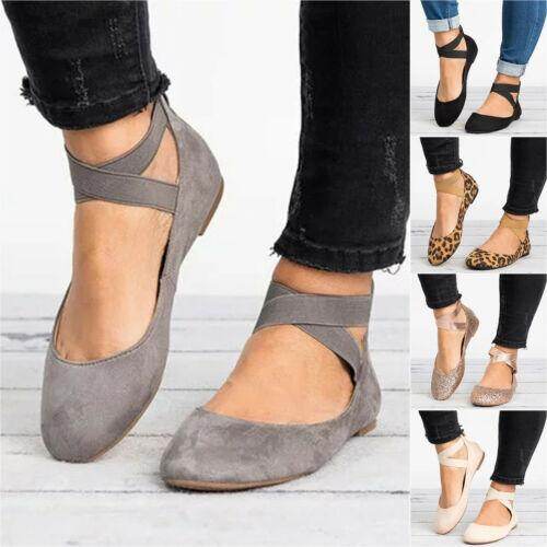 Womens Ballet Ballerina Dance Soft Shoes Ankle Strap Slip On Flat Casual Sandals