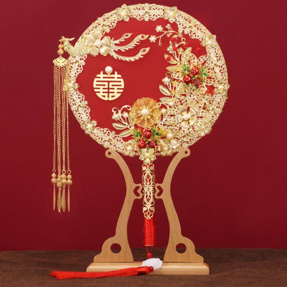 Cny decoration 2023 新年装饰品 喜扇XUNJIE happy Ancient Decorative Ancient Style Handheld with Pendant Flower Hand Bouquets Bridal Group Fan Chinese Fan Embroidery Fan