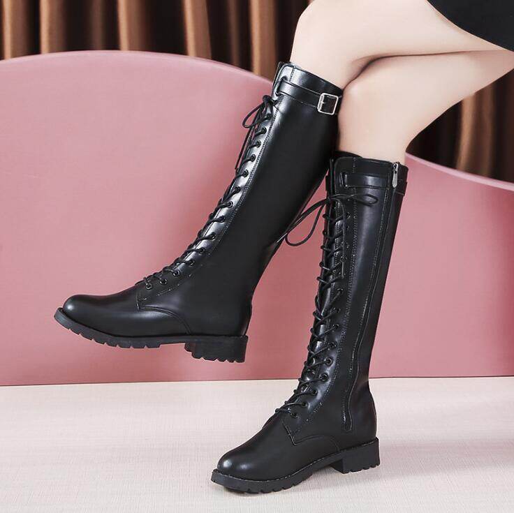 Fashion Belt Buckle Strap Long Boots Winter Lace-Up Shoes Women Pure Color High-Heeled Women Knee-High Long Tube Zipper Boots