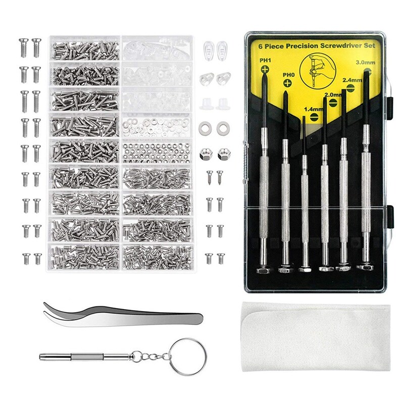 1Set 1000PCS Eyeglass Screws and 6 Pcs Screwdrivers Glasses Screw Repair Kit for Eyeglasses