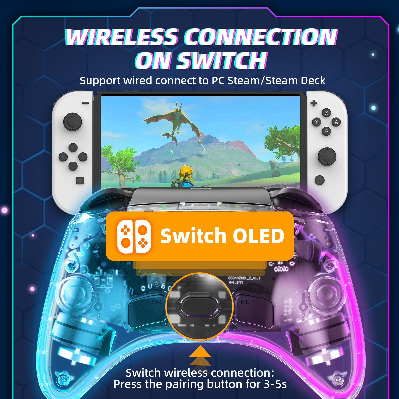IINE Ares Transparent Wireless Controller with Headset Jack RGB Light compatible Nintendo Switch Steam