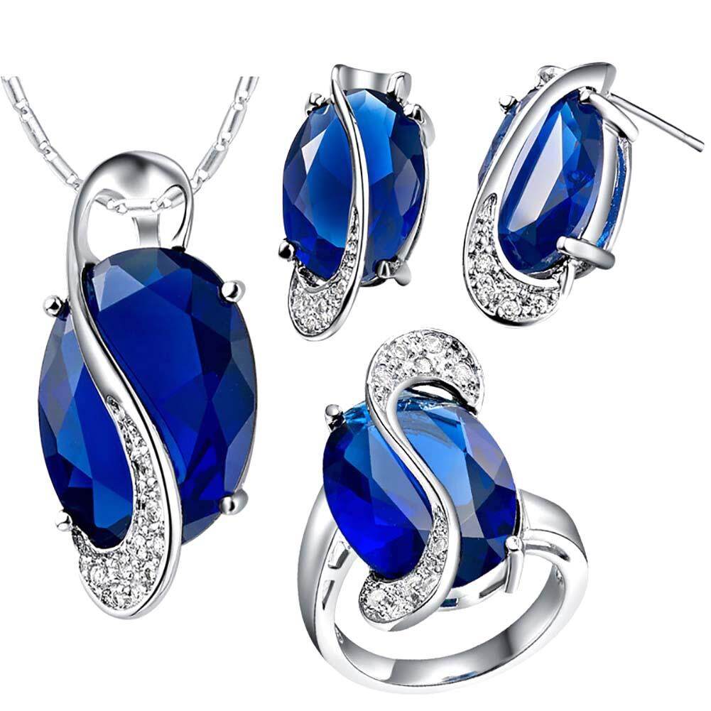 Gravitational wave Fashion Women Rainbow Faux Topaz Pendant Necklace Earrings Ring Jewelry Set