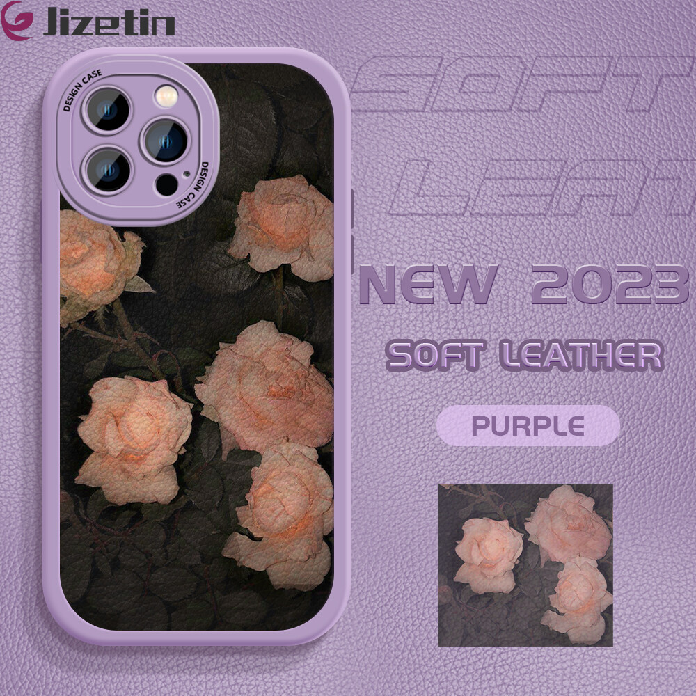 Jizetin Phone Casing For iPhone 14 iPhone 14 Plus ip 14+ iPhone 14 Pro iPhone 14 Pro Max Slim Skin Feeling Cartoon Pink Flowers Rose Leather Back Casing Soft Silicone PU Leather Cover Phone Case