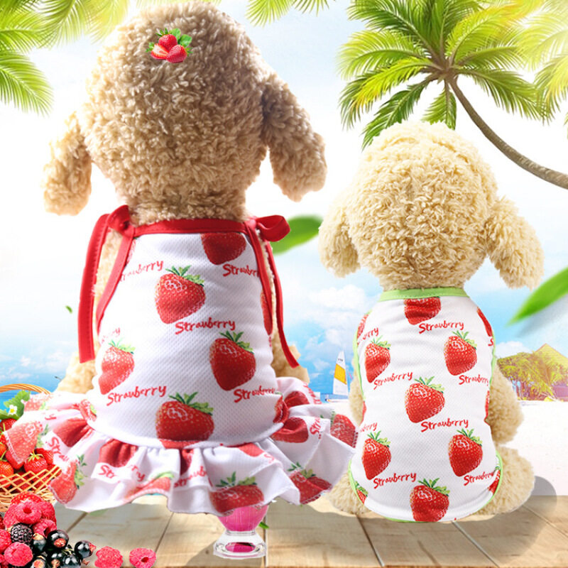 DY Loving Summer Dog Quần Áo Cặp Đôi Mặc Chó Áo Sơ Mi Chó Thoáng Khí Dâu Tây In Ruffle Sling Váy Cho Chó