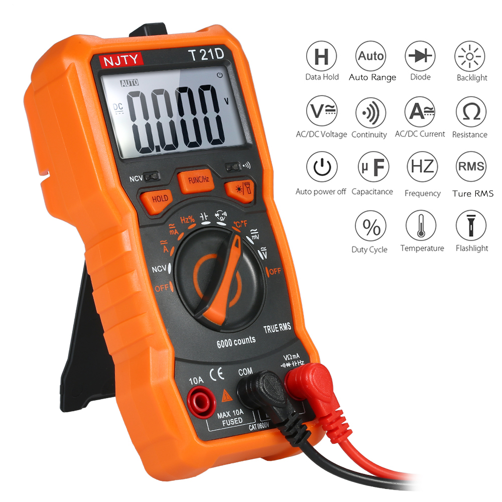 Njty t21d kỹ thuật số vạn năng, đồng hồ đo dòng điện áp ac/dc, ampe kế cầm tay máy kiểm tra ohm diode ncv 6000 đếm nhiều thử nghiệm