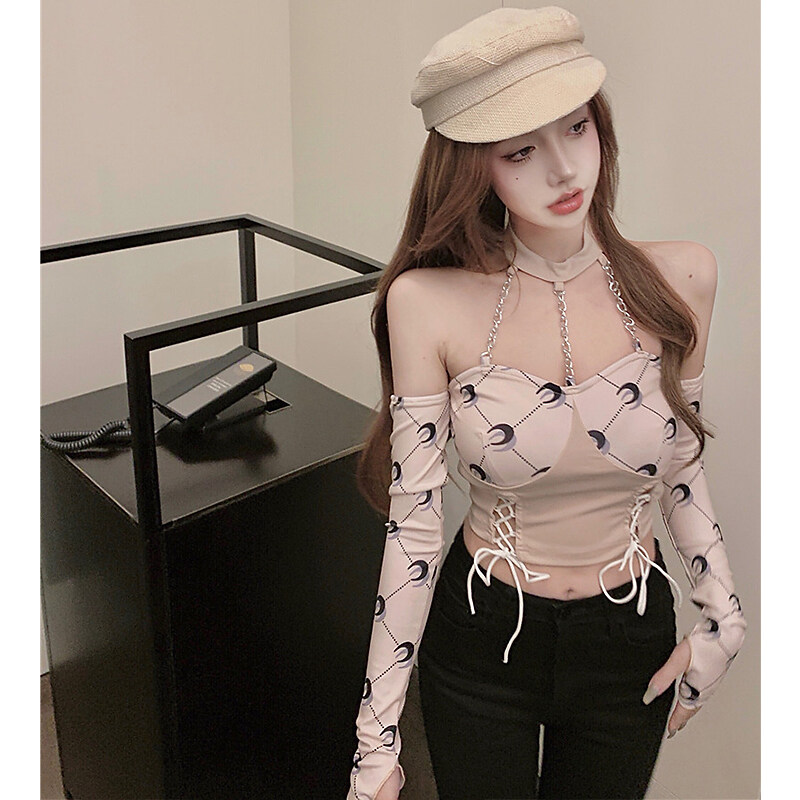 [Dream-Life】áo Thun Nữ Dài Tay Có Dây Áo Hở Rốn Hở Vai Khâu Họa Tiết Thời Trang