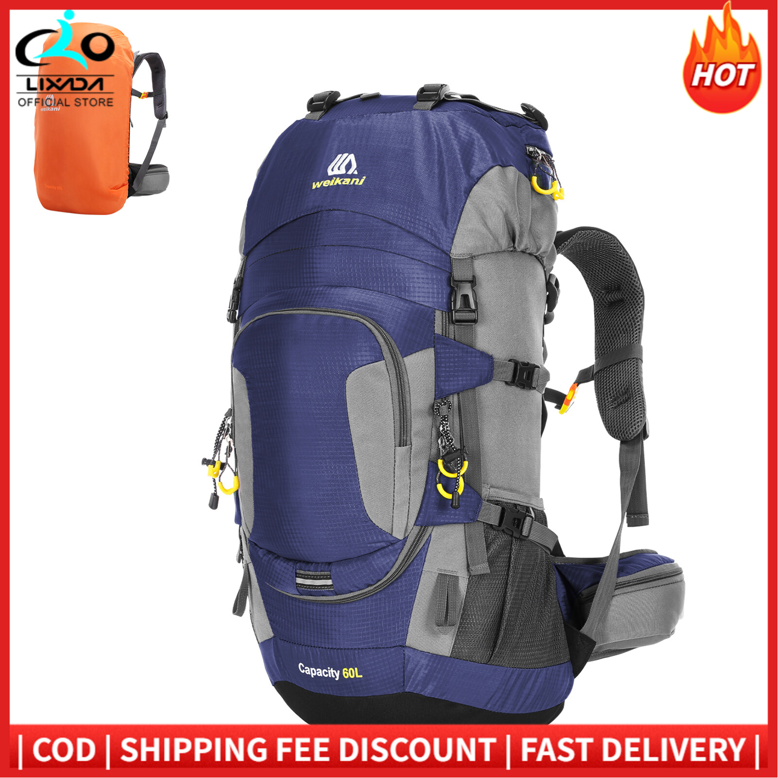 60L Waterproof Hiking Backpack Camping Mountain Climbing Cycling Backpack  Outdoor Sport Bag with Rain Cover