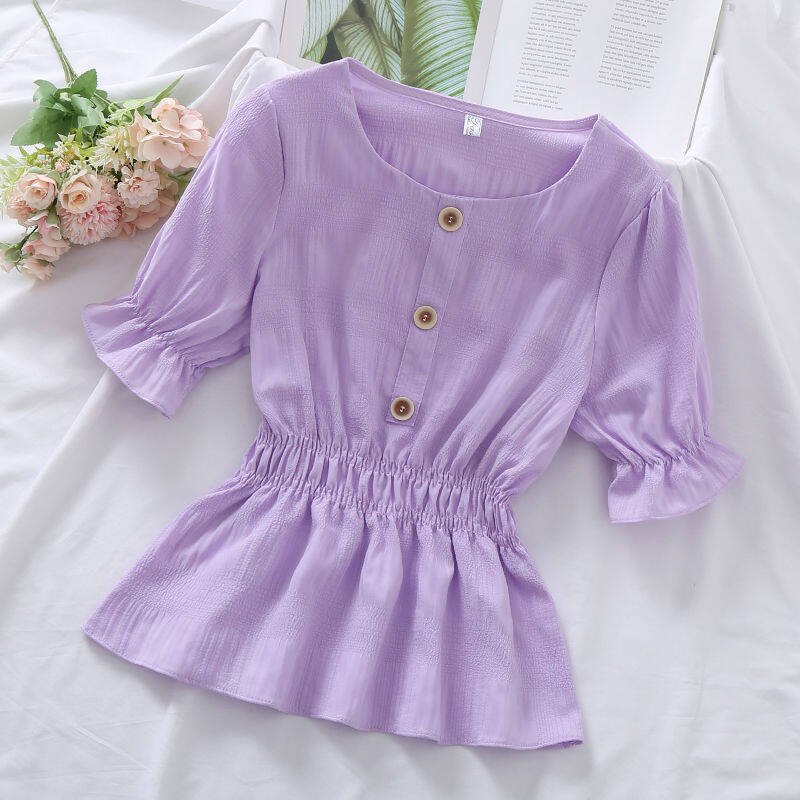 Summer New Style Korean Style Waist Waist Pleated Temperament Short-sleeved Shirt All-match Solid Color Thin and Meat-covering Tops T-shirts