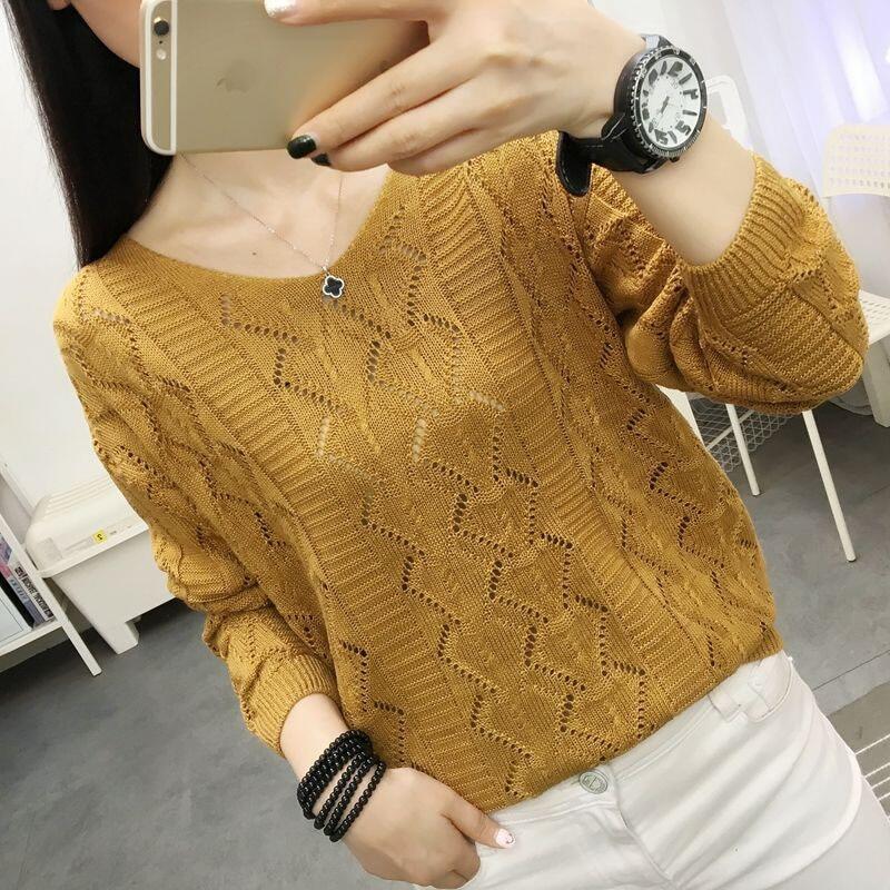 Spring Women's New Thin Cut Out Long Sleeve Base Coat Short V-neck Solid Color Sweater Lady Casual Loose Top
