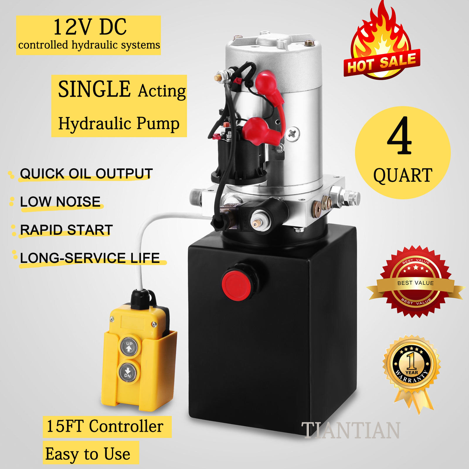 Vehicle Hydraulic Pump Single Acting Hydraulic Pump 12v Dump Trailer 4 Quart Metal Reservoir