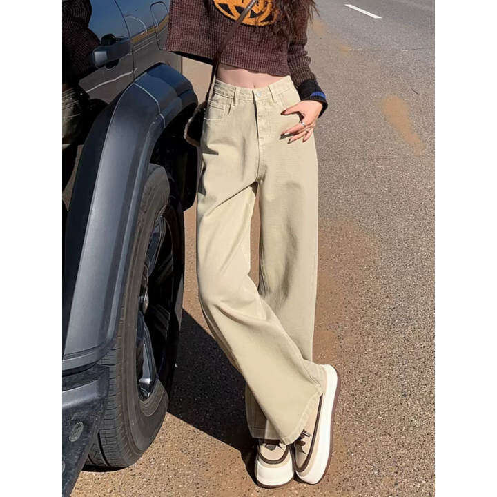 Daduhey Quần bò lau nhà dễ phối đồ cạp cao dáng rộng cổ điển thời trang nữ mới phong cách retro phong cách phong cách Hàn Quốc quần xuông Quần...