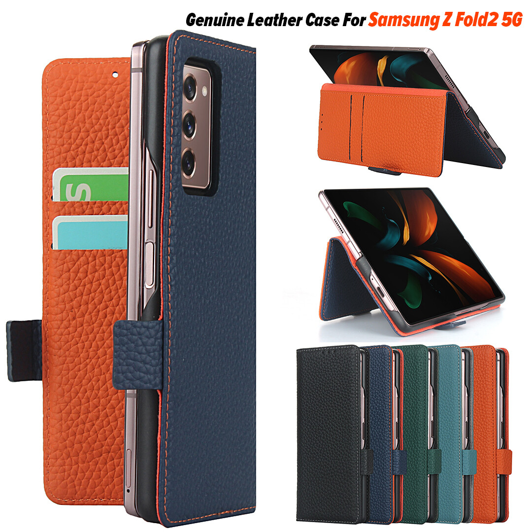 Genuine Leather Flip Case For Samsung Galaxy Z Fold 2 5G Luxury Premium Litchi Texture Leather Classic Wallet Case with Cards Slots Phone Cover Casing