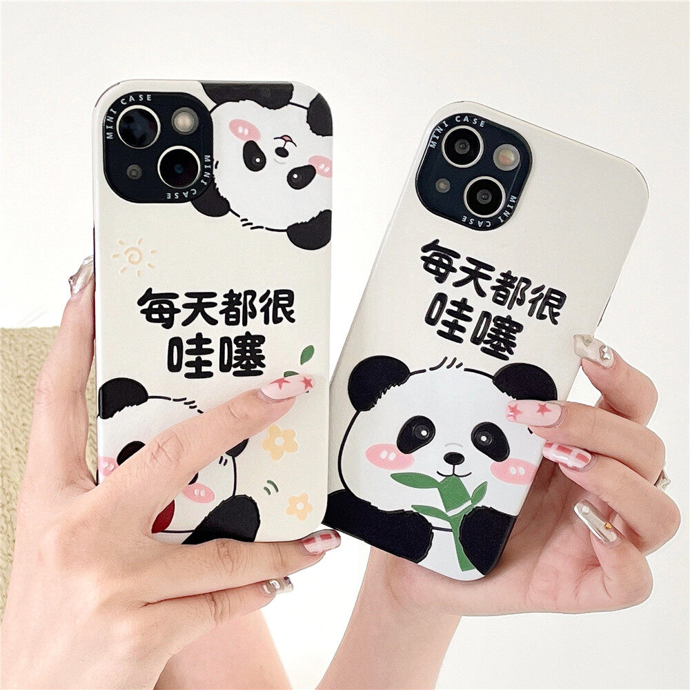 Luxury leather case for iphone 14 pro max casing cute cartoon bamboo panda 11 12 13 14 pro max casing 14 plus lens protection couple phone case