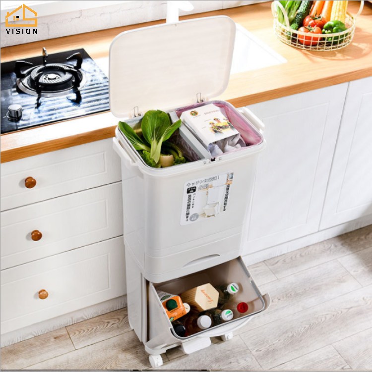 Thùng Đựng Rác Nhà Bếp Vision 3 Lớp, Thùng Phân Loại Rác Gia Đình Nhật Bản, Có Thể Di Chuyển, Giặt Khô, Ướt, Giỏ Đựng Rác Bằng Nhựa, Giỏ Đựng Rác Có Nắp
