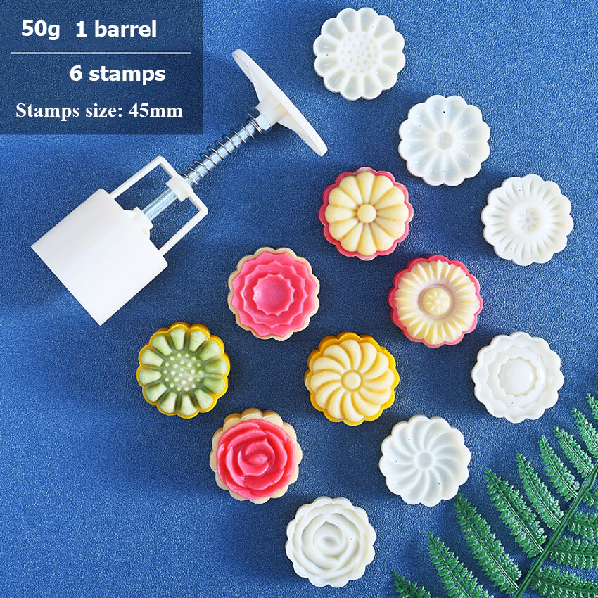 6pcs/set Flower Shaped Mooncake Mold 50g Cake Mold Hand Pressure Fondant Moon Cake Decorating Tools Cookie Cutter Baking Tool