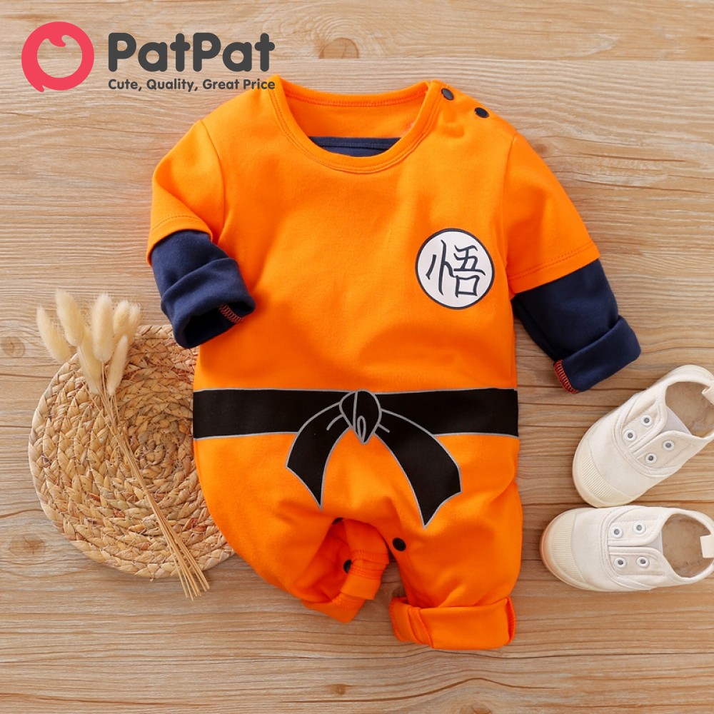 PatPat 100% Cotton Kungfu Style Color Block Long-sleeve Orange Baby Jumpsuit