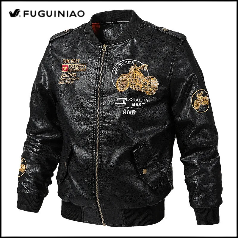 Fuguiniao Leather Jacket Motor Winter Jacket Men's Classical Motocycle Jacket Male Biker Coat
