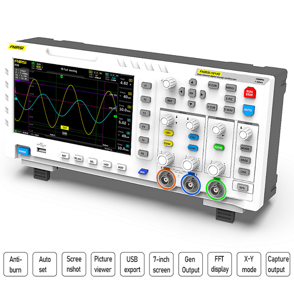 SMART SENSOR-1014D Portable 7 Inch TFT LCD Display Screen Two In One Dual Channel Input Signal Generator Desktop Oscilloscope Capture Output Signal Function 100MHz* 2 Ana-log Bandwidth 1GSa/s Sampling Rate 1GB Storage Space Multifunction Oscilloscope