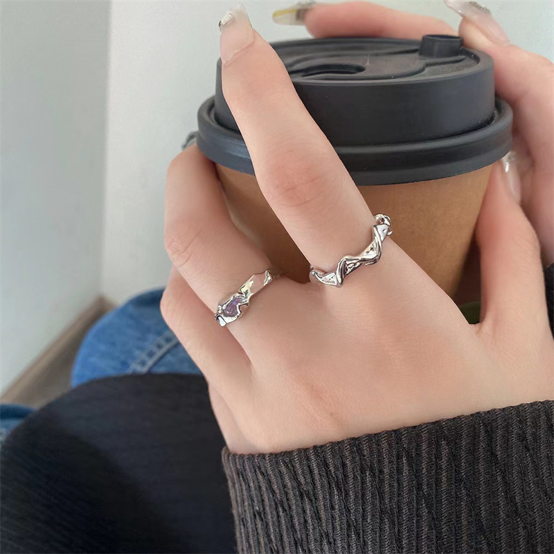 2pcs Moonstone không đều vòng lượn sóng vòng hình học cho nam giới và phụ nữ linh hoạt mở điều chỉnh trang sức nhẫn đôi Quà Tặng
