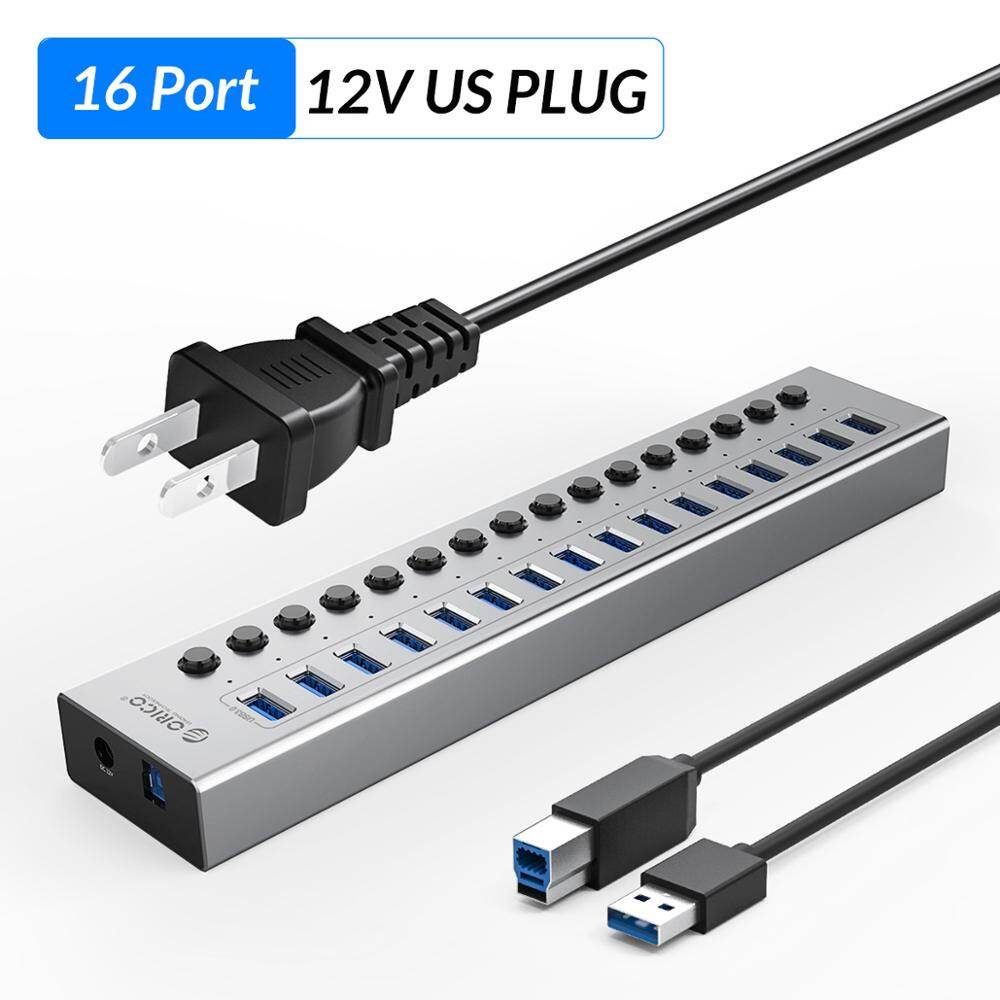 Orico industrial usb 3.0 hub 13/16 port aluminum usb splitter on/off switch with 12v power adapter support charging for computer