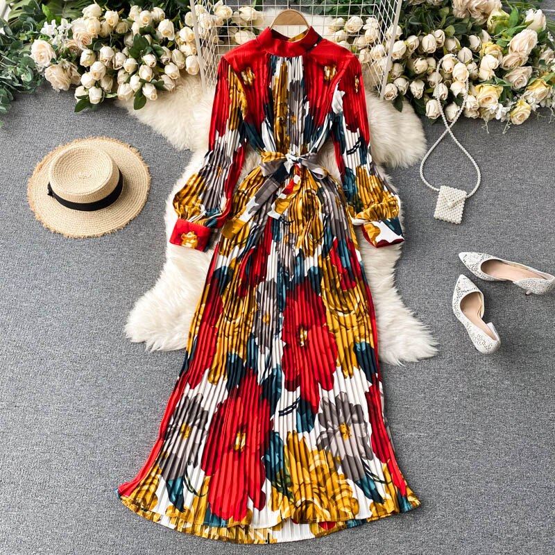 Spring New Women French Loose Pleated Printed Long Dress Elegant Long Sleeve A-line Lady Clothes Autumn Female Maxi Dress