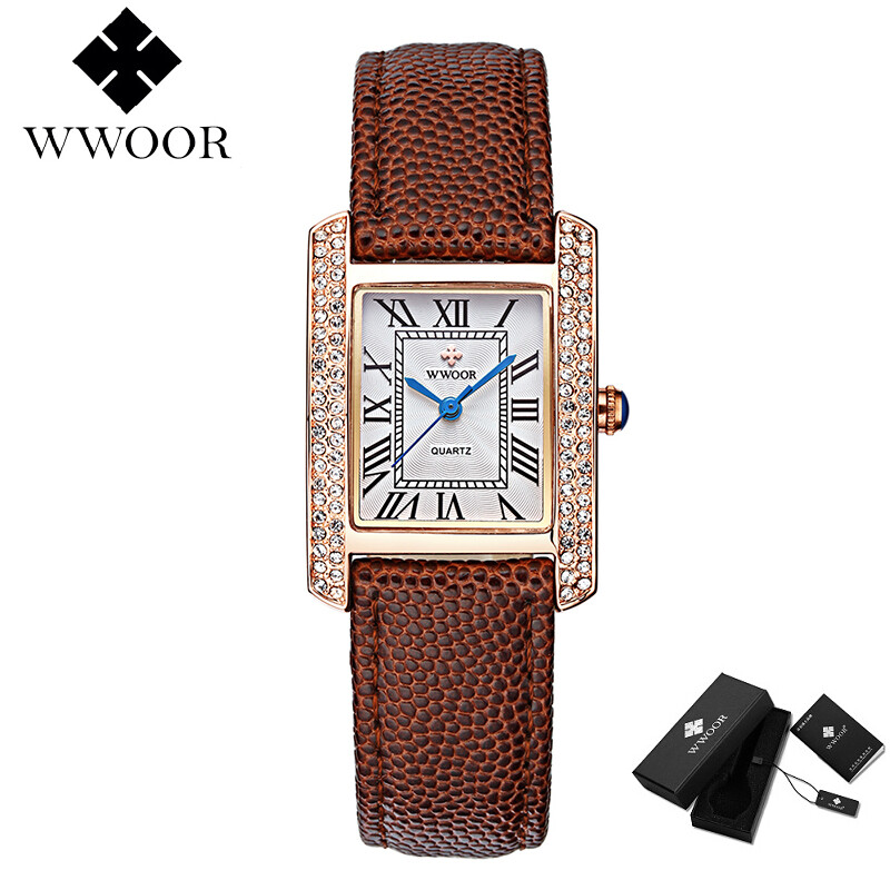 Women Wristwatches WWOOR Fashion Brand Square Dial Leather Strap Waterproof 3 ATM Ultra-Light  Casual Classic Watches