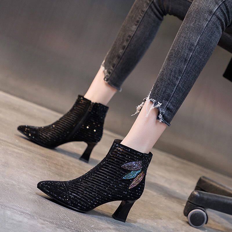 High-quality Mesh Booties Women's New Mesh Boots Hollow Thick Heel Fashion Boots High Heels Women's Shoes