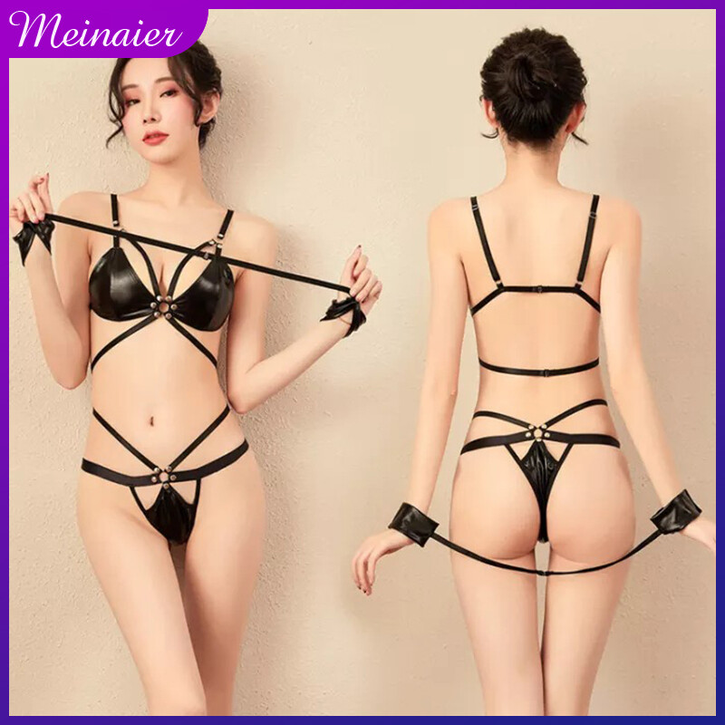 [ Meinaier ] Women's Seductive Three-point Bikini Micro-fiber Leather Bra Strappy Teddy sexy Lingerie Set for female Pyramid Stud Trim and Back Tie Closure adult charming bodysuit