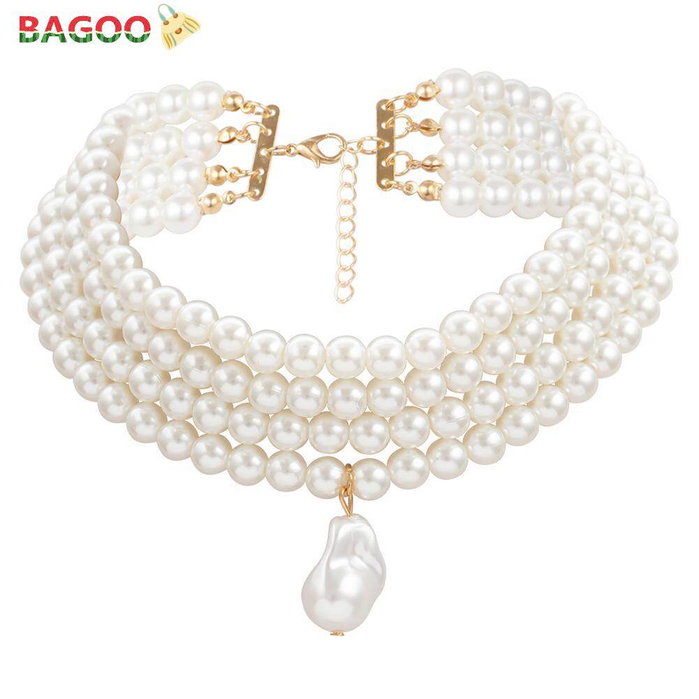BAGOO Multi Layer Pearl Necklace Boho Geometric Pendant Women Beach Chain Choker Fashion 2021