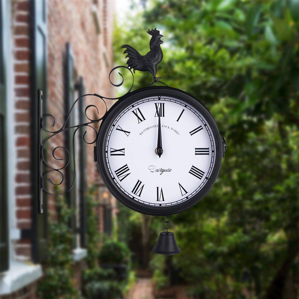 VHGG Garden Home Decor Cockerel Pattern Rust Copper Effect Vintage Wall Station Clock Double sided Bracket Double Sided Wall Clock Metal Clock