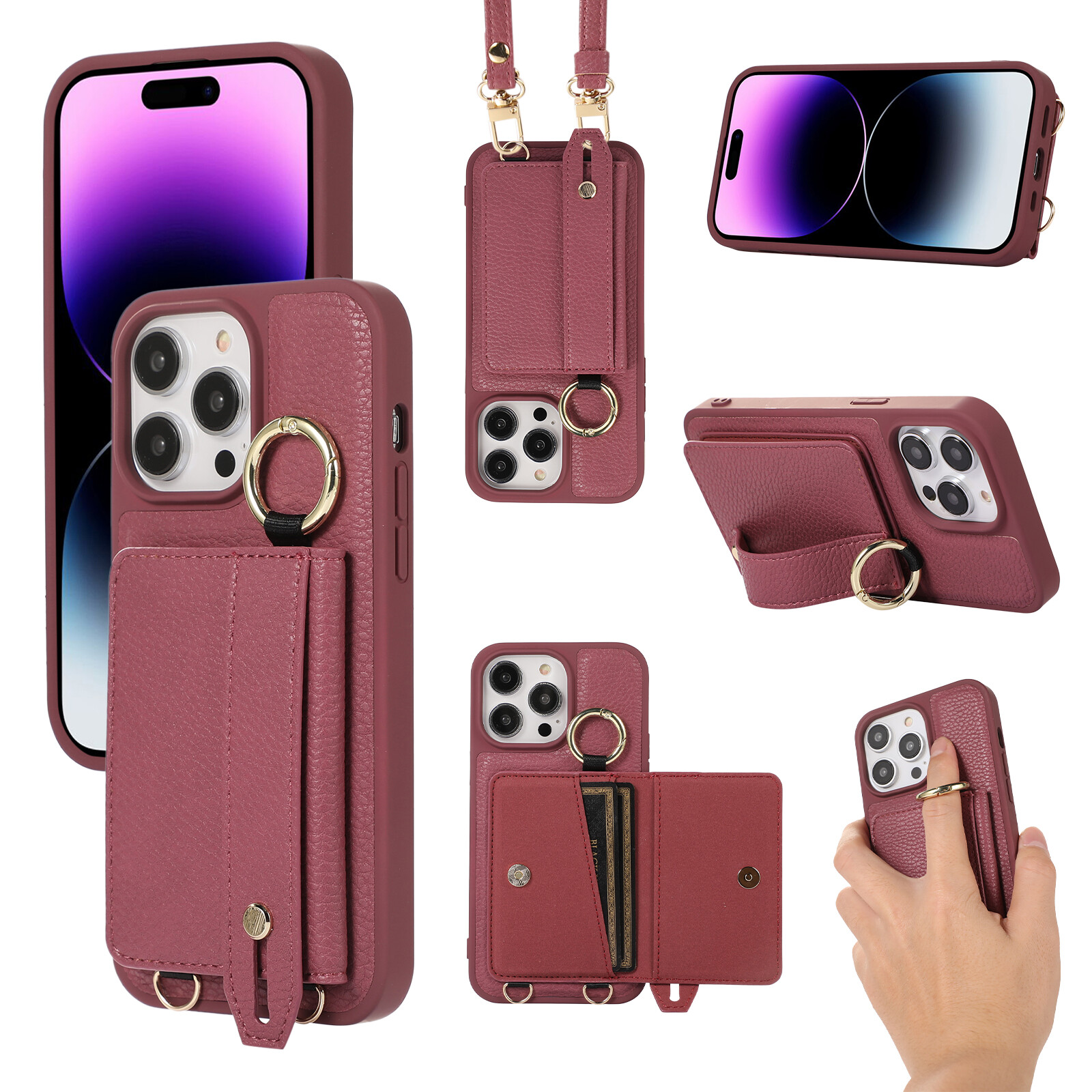 Túi đeo chéo trường hợp đối với iPhone 17 Pro Max 16 Pro 15 iPhone 14 Pro Max iPhone 13/12 Pro Max iPhone 11 16e trường hợp Ví đựng thẻ tín dụng da dây đeo cổ tay khung dây đeo chéo dây ruy băng iPhone trường hợp