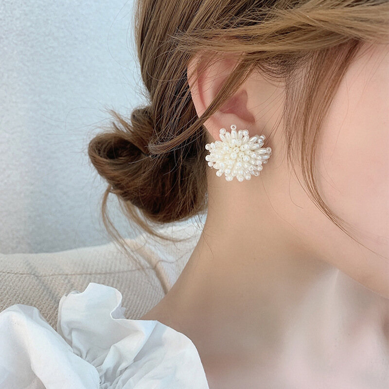 Frascati Korean New Trendy Handmade Fireworks Flower Small Pearl Big Stud Earrings For Women Fashion Elegant Pearl Drop Earring For Women Pendents