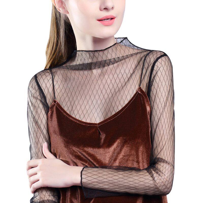 Áo Sơ Mi Nữ Mặc Lót Lưới Xuyên Thấu Cơ Bản Mùa Xuân, Áo Chui Đầu Sọc Bông Tuyết Ren Khoét Lỗ Lấp Lánh Áo Cánh Dài Tay Dáng Ôm Cổ Giả 7 Phong Cách