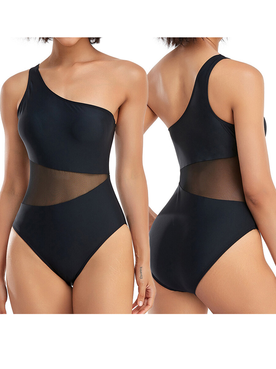 Happybuyner Damen-Bikini, ärmellos, One-Shoulder, durchsichtig, Patchwork, Sommer, Schwimmen, Badeanzug_voghion.com