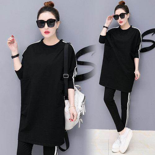Fashion Women Stripe Side Set long Sleeve Tee Shirt + Casual Long Pants Loose Set