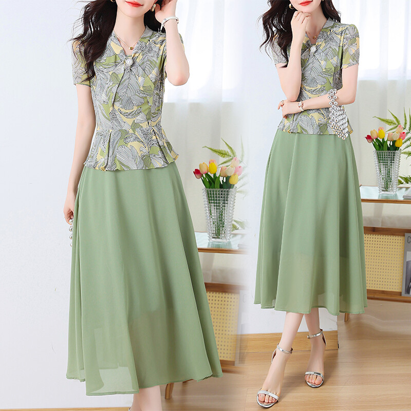 Impression Fashion Women Elegant Beach Chiffon Floral V-neck Short Sleeve Tunic High Waist A-line Swing Plus Size Long Dress