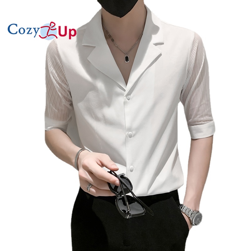 Cozy Up Áo Sơ Mi Tay Lửng Nam Dáng Ôm Màu Trơn Cổ Chữ V Polyester Thường Ngày