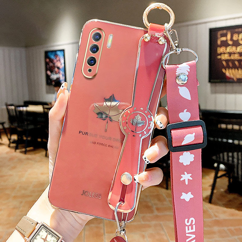 YBD Wrist Band Holder Phone case For OPPO Reno 3 Plating Casing A91 Precise Camera Protection case Maple leaf pattern cover with Free lanyard