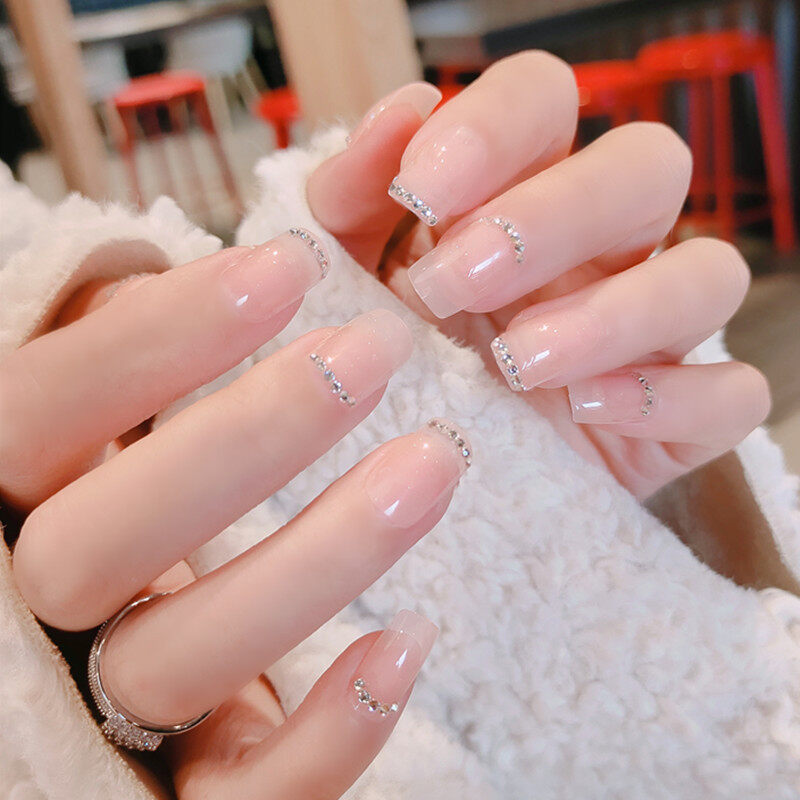 24 Cái Móng Tay Giả Kiểu Pháp Màu Hồng Thạch, Trang Trí Kim Cương Thiết Bị Làm Móng Cô Dâu Trong Suốt Có Thể Tháo Rời giá rẻ