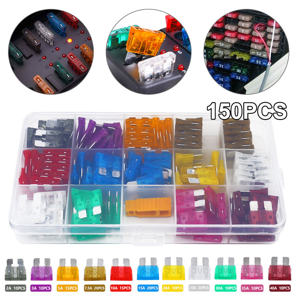 150 PCS Car Fuse Blade Fuses Insert Mix Assorted Set 2/3/5/7.5/10/15/20/25/30/35/40 AMP
